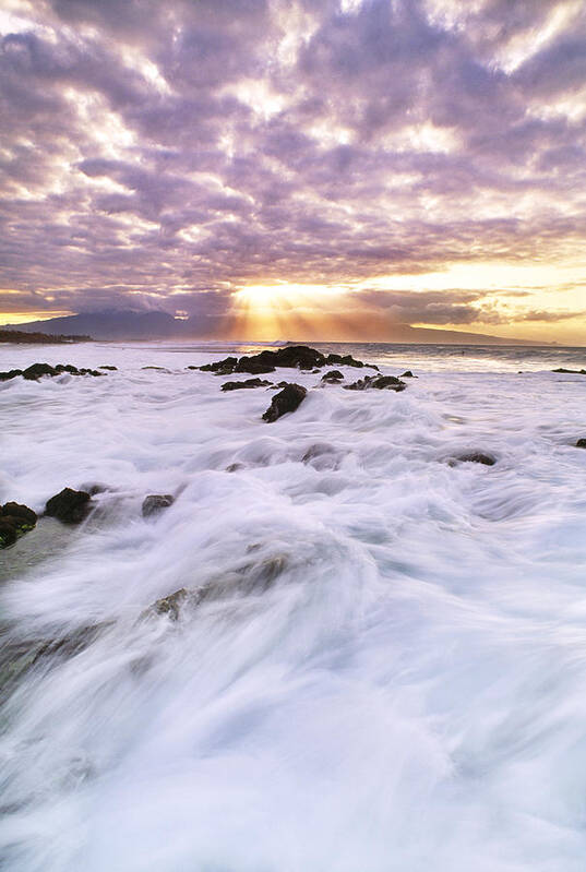 Coastal Feature Poster featuring the photograph Surf At Sunset, Hawaii by Mint Images