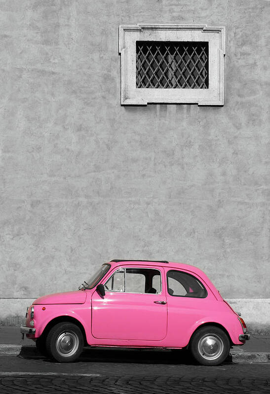 Sparse Poster featuring the photograph Tiny Pink Vintage Car, Rome Italy by Romaoslo