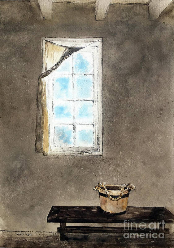 A Twisted Curtain Hangs On An Antique Window Over A Bench With A Wooden Water Bucket On It.  Poster featuring the painting Twisted by Monte Toon