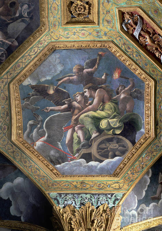 Art Poster featuring the painting Venus And Cupid In A Chariot Drawn By Swans, Ceiling Caisson From The Sala Di Amore E Psiche, 1528 by Giulio Romano