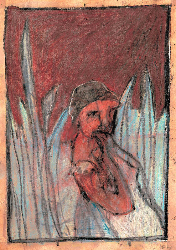 Red Poster featuring the drawing Woman in reeds by Edgeworth Johnstone