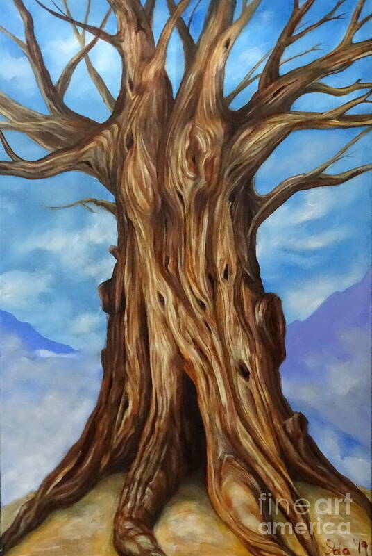 Tree Landscape Sky Ground Mountain Clouds Mist Light Dark Shadow Colour White Blue Brown Yellow Grey Orange Mystery Allegory Life Poster featuring the painting Yggdrasill by Ida Eriksen