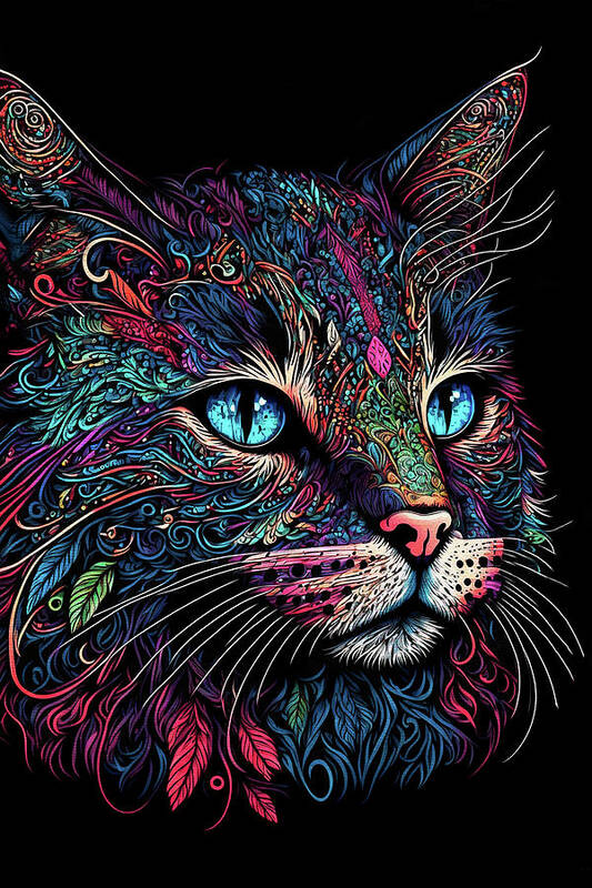 Colorful Cats Poster featuring the digital art Colorful Cat Closeup by Peggy Collins