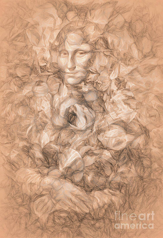 Leonardo Poster featuring the mixed media reproduction of Mona Lisa by Leonardo da Vinci in rose petals and drawing effect. #1 by Jozef Klopacka