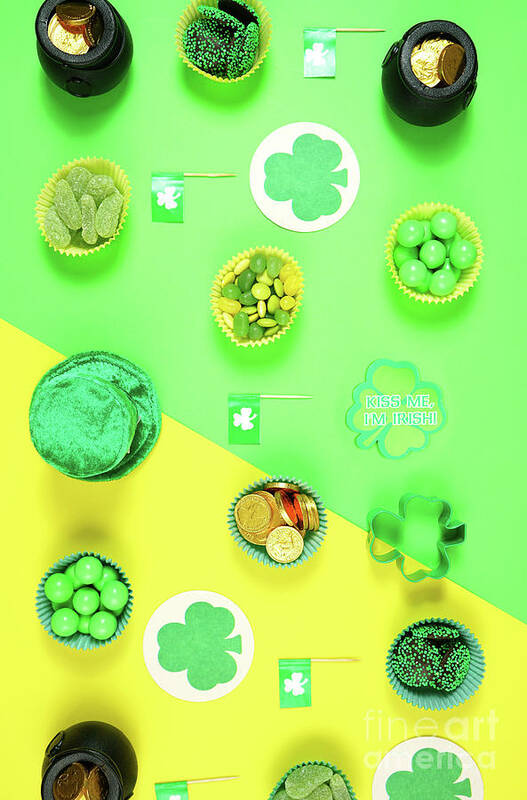 St Patrick Poster featuring the photograph St Patrick's Day flat lay with chocolate coins, leprechaun hat and shamrocks. #1 by Milleflore Images