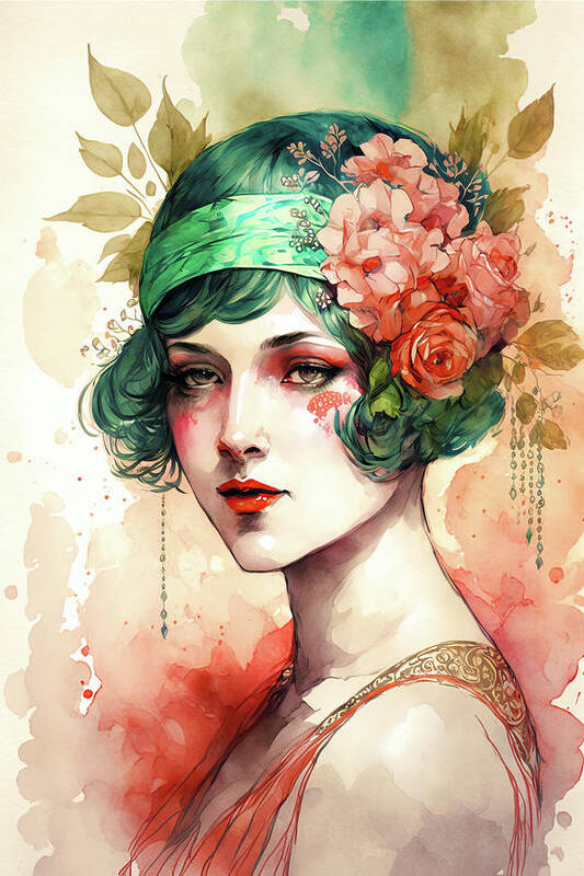 Woman Poster featuring the digital art 1920s Flapper Woman Watercolor 03 by Matthias Hauser