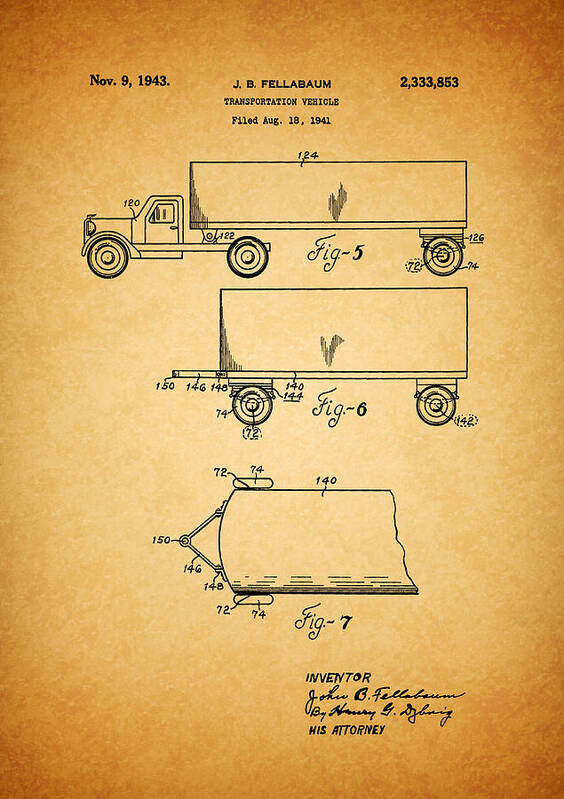 1943 Tractor Trailor Rig Patent Poster featuring the drawing 1943 Semi Truck Patent by Dan Sproul