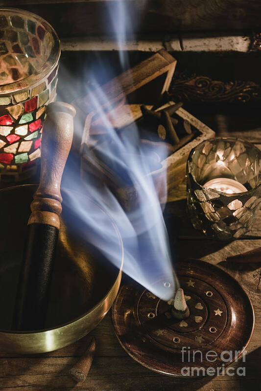 Mystical Poster featuring the photograph Smoke of an incense cone and bowl #3 by Vicente Sargues