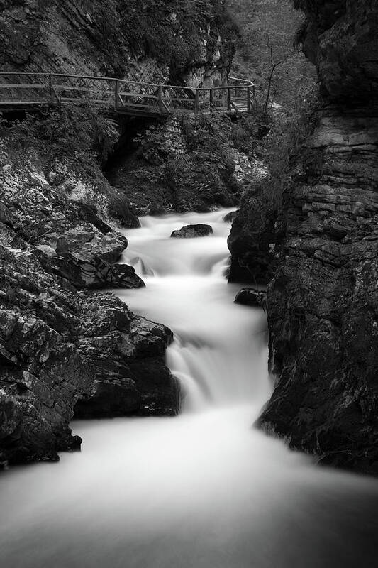 Soteska Poster featuring the photograph The Soteska Vintgar gorge in Black and White #4 by Ian Middleton