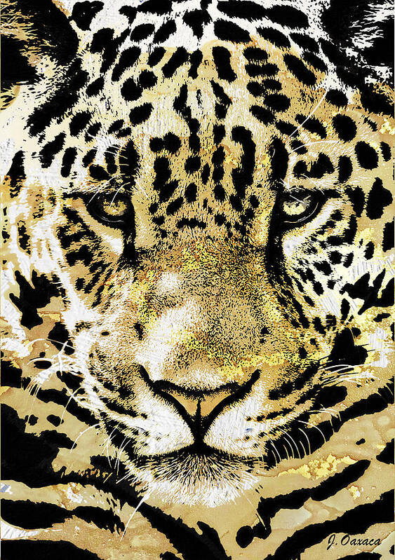 Felino Poster featuring the mixed media Golden Leopard Face by J U A N - O A X A C A