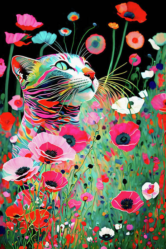 Cats Poster featuring the digital art A Cat in the Poppy Garden by Peggy Collins