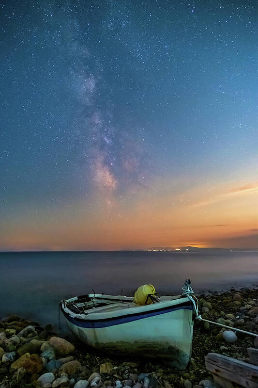 Milky Way Poster featuring the photograph A Fishing Boat under the Milky Way by Alexios Ntounas