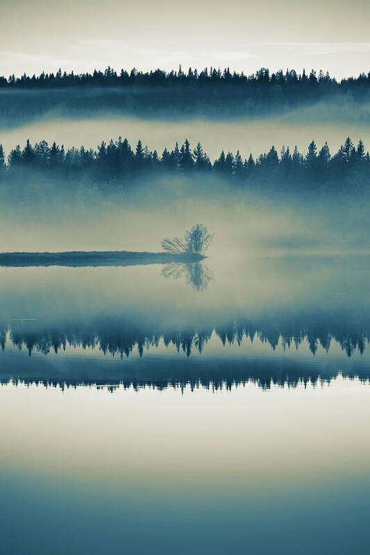 Europe Poster featuring the photograph A misty forest is reflected in a glassy lake - duotone by Ulrich Kunst And Bettina Scheidulin