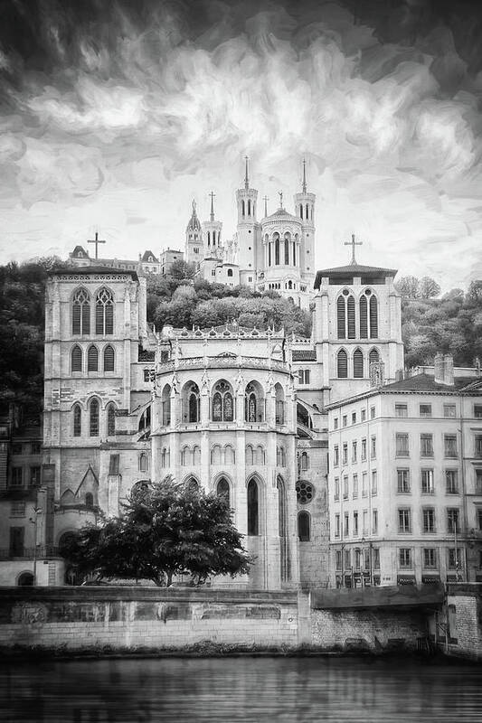 Lyon Poster featuring the photograph A Tale of Two Churches Lyon France Black and White by Carol Japp