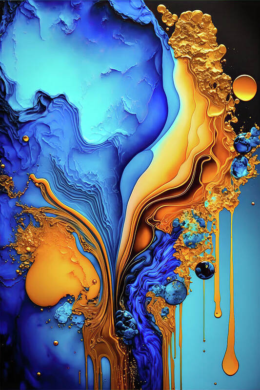Abstract Poster featuring the digital art Abstract Art Alcohol Ink Style 02 Blue and Gold by Matthias Hauser