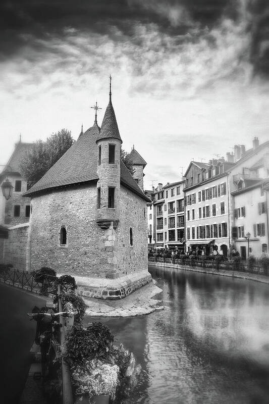 Annecy Poster featuring the photograph Annecy France Palais de L'Ile Black and White by Carol Japp