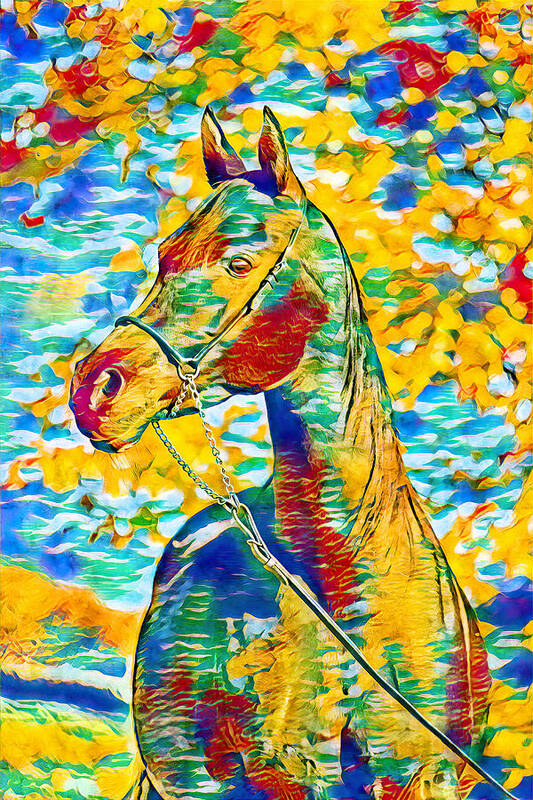 Arabian Horse Poster featuring the digital art Arabian horse colorful portrait in blue, cyan, green, yellow and red by Nicko Prints