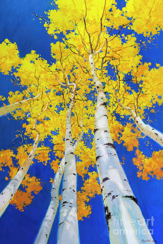 Tree Art Painting Large Wall Art canvas Aspens Art Print Landscape Canvas Tree Acrylic Prints Gary Kim Artist Oil Aspens Blue Sky Golden Leaf Leaves Bark Autumn Fall Outdoors Splendor Colorful Green Yellow White Black Contrast Prints Aspen Autumn Beneath Blue Branch Bright Canopy Colorado Colorful Contrast Cover Garden Fall Autumn Plants Trees Colors Red Greens Aspens Tree Bark Autumn Fall Outdoors Blue Branch Bright Acrylic Prints Birch Birches Tree Forest Light Green Grey Trees Colors Red Poster featuring the painting Aspen Tree Canopy and blue sky by Gary Kim