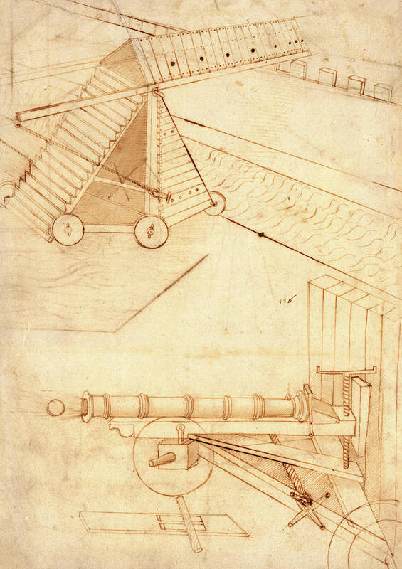 Siege Machine Poster featuring the painting Atlantic Codex - Codex Atlanticus, f 49 recto by Leonardo da Vinci
