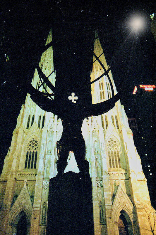 Night Poster featuring the digital art Atlas and St. Patrick's Cathedral by Russel Considine