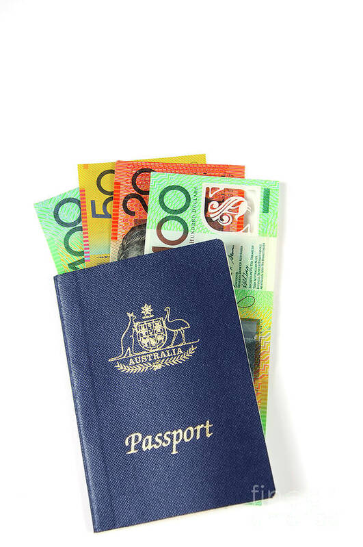 Money Poster featuring the photograph Australian Money with passport by Milleflore Images