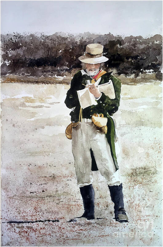 A Civil War Reenactor Portraying Winslow Homer Sketches In A Field. Poster featuring the painting Battle Lines by Monte Toon