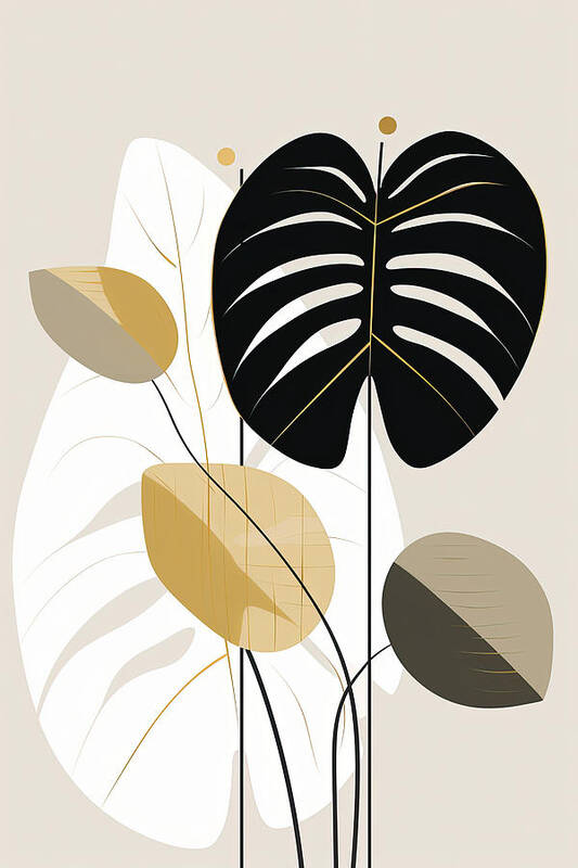 Modern Tropical Leaves Poster featuring the painting Black and Gold Leaves Art by Lourry Legarde