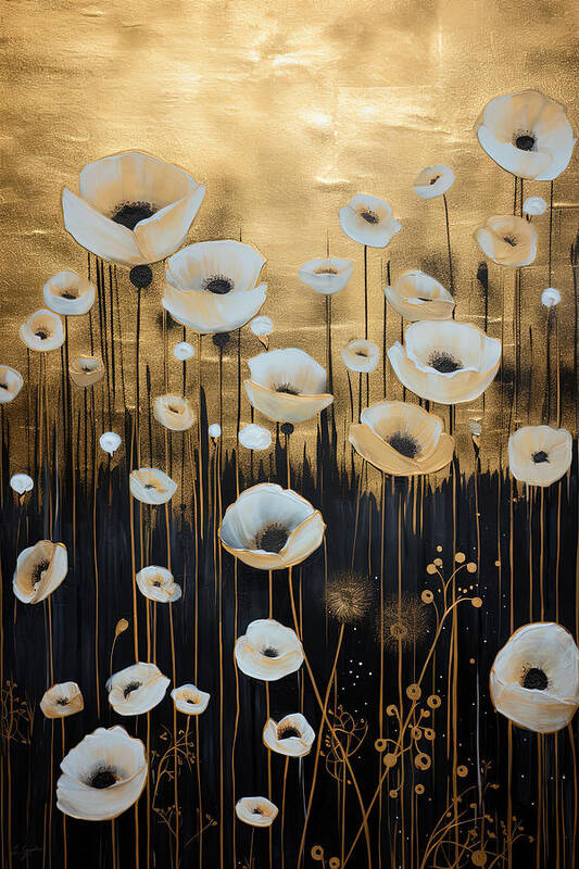 Yellow Poppy Art Poster featuring the painting Black and Gold Poppy Art by Lourry Legarde