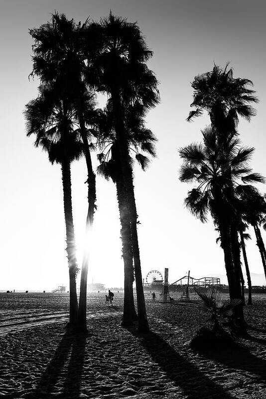 Santa Monica Poster featuring the photograph Black California Series - Santa Monica Sunset by Philippe HUGONNARD