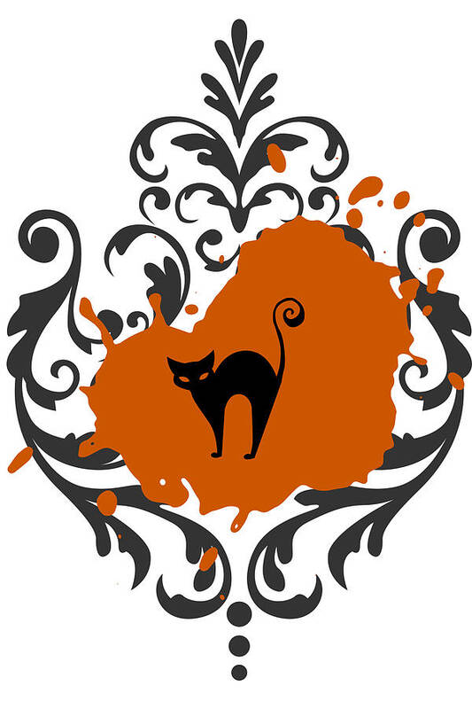 Cat Poster featuring the digital art Black Cat with Orange Splash by N Kirouac