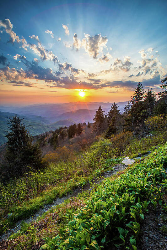 Sunset Poster featuring the photograph Blue Ridge Parkway NC Follow The Sun by Robert Stephens