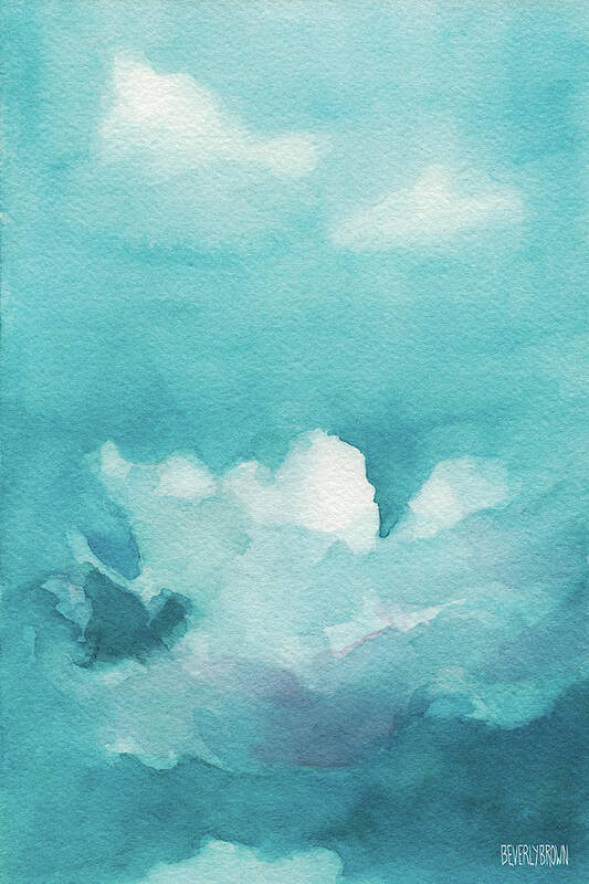 Blue Poster featuring the painting Blue Sky White Clouds Watercolor Painting by Beverly Brown Prints