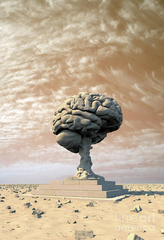 Monument Poster featuring the digital art Brain Statue in Desert by Russell Kightley