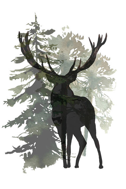 Buck Shadow Poster featuring the digital art Buck Shadow In Green Forest by N Kirouac