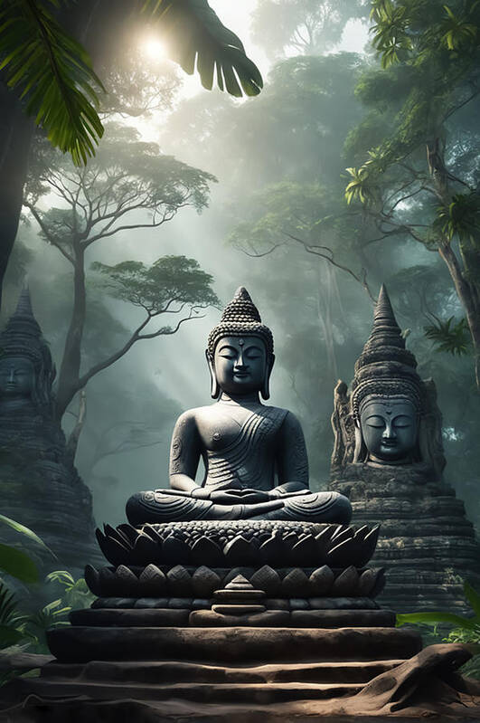 Tree Poster featuring the digital art Buddha Statues by Manjik Pictures