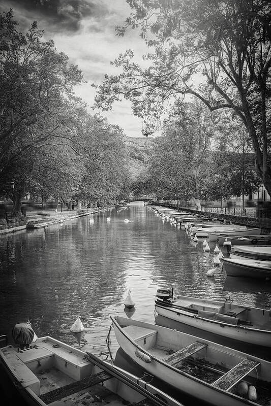 Annecy Poster featuring the photograph Canal Du Vasse Annecy France Black and White by Carol Japp