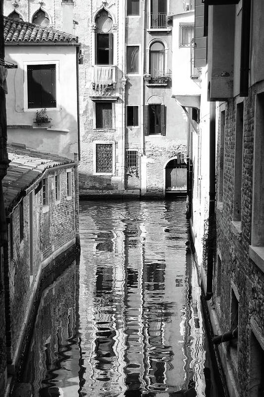 Canal Poster featuring the photograph Canal Reflections in Venice Italy Black and White by Shawn O'Brien