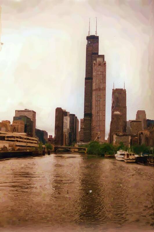 Chicago River Poster featuring the mixed media Chicago River by Asbjorn Lonvig