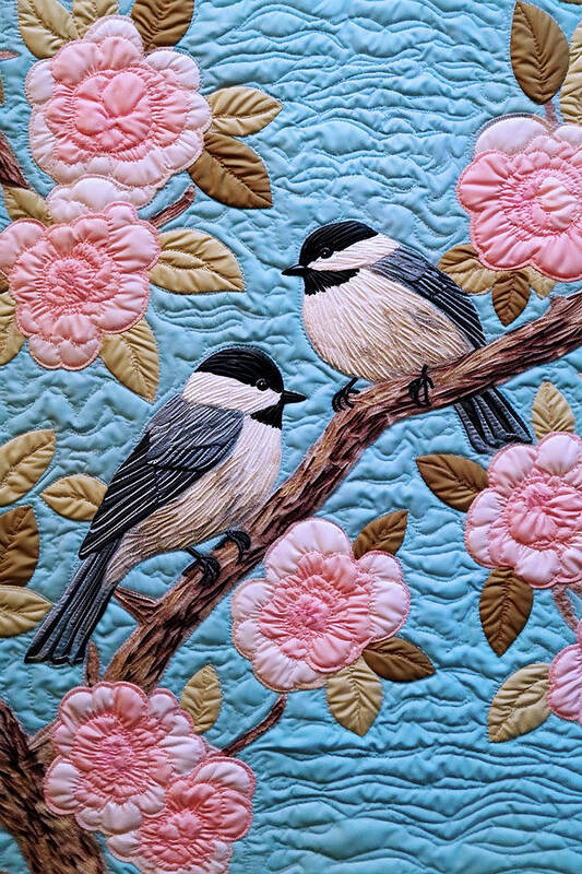 Chickadees Poster featuring the digital art Chickadees and Cherry Blossoms - Quilted Effect by Peggy Collins