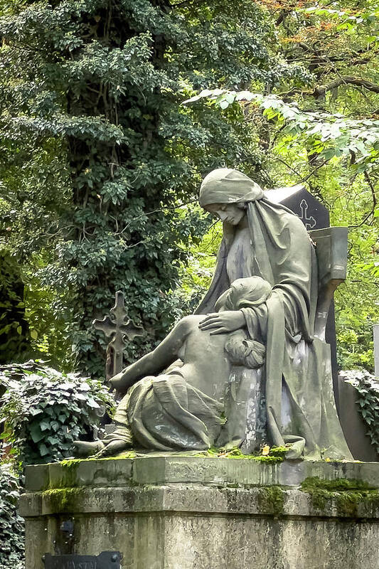 Woman Poster featuring the photograph Comfort in Olsany Cemetery Prague by Mary Lee Dereske