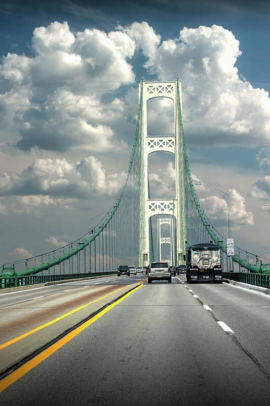 Bridge Poster featuring the photograph Crossing the Mackinac Bridge going north by Randall Nyhof