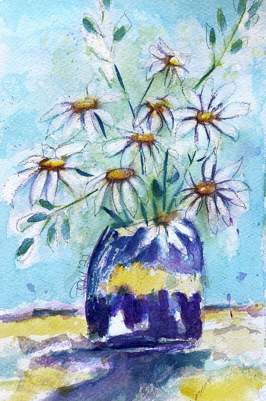 Loose Floral Poster featuring the painting Daisies in a Purple Vase by Roxy Rich