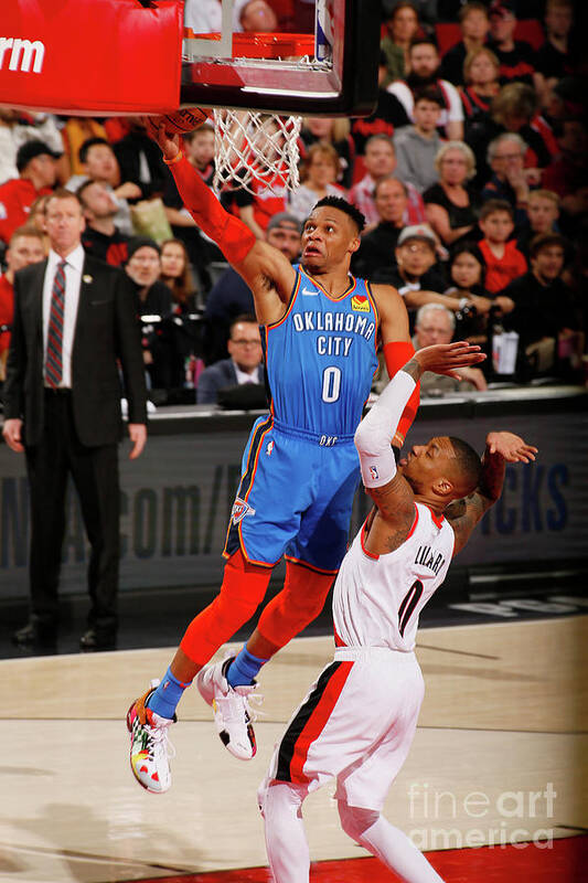 Russell Westbrook Poster featuring the photograph Damian Lillard and Russell Westbrook by Cameron Browne