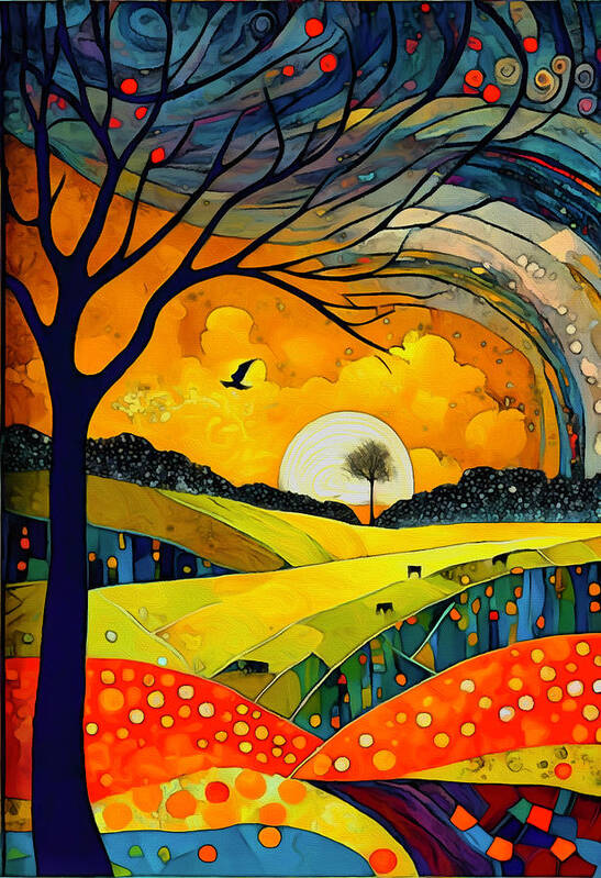 Dawn Poster featuring the mixed media Dawn over Upton Fields by Ann Leech