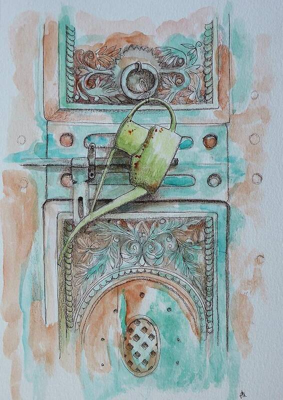Watering Can Poster featuring the mixed media Door with watering can by Lisa Mutch