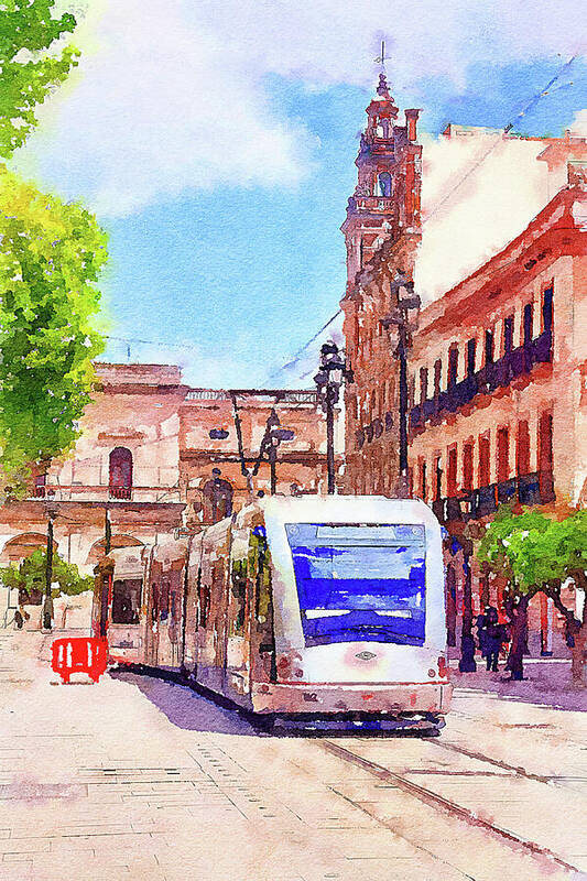 Tram Poster featuring the mixed media Electric tram Seville, Spain by Tatiana Travelways