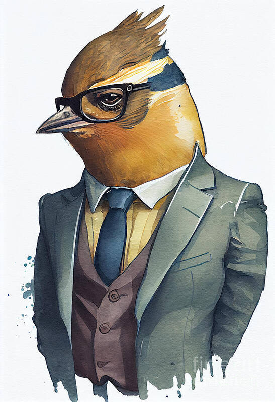 Finch Poster featuring the painting Finch in Suit Watercolor Hipster Animal Retro Costume by Jeff Creation