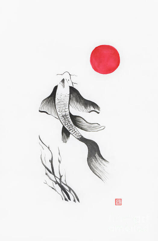 Fine art sumi-e painting of Japanese Koi fish with red sun on wh Poster by  Awen Fine Art Prints - Pixels