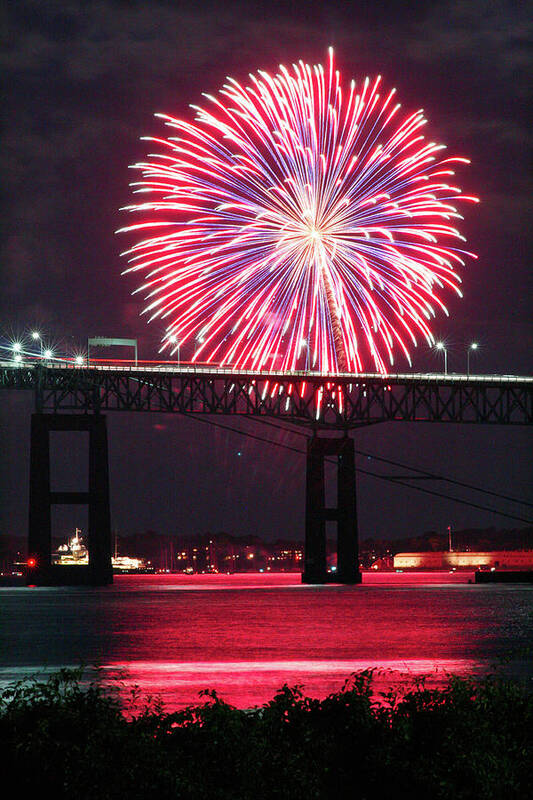 Fireworks Poster featuring the photograph Fireworks over the Newport Bridge by Jim Feldman