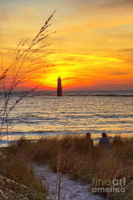 Lighthouse Frankfort Poster featuring the photograph Frankfort Beach Lighthouse Sunset -2632 by Norris Seward